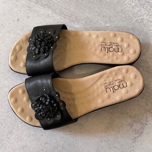 Women's Malu Black Leather Low Wedge Heel Slides Slip on Sandals Size 8 Comfort